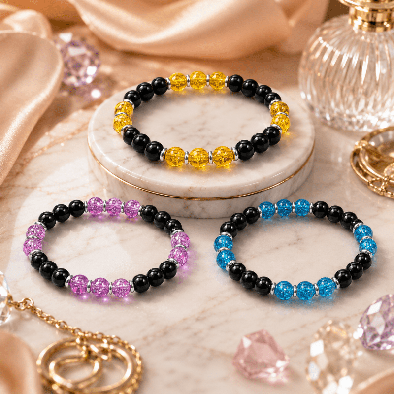 3pc Colored Exploding Bead Elastic Bracelet Set, Unisex Casual